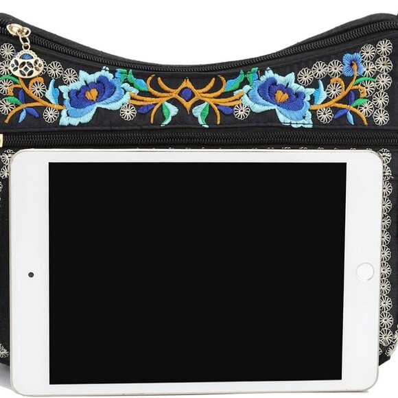 Embroidered Canvas 3 zip Small Crossbody Bag Cell Phone Purse Shoulder Wallet Ha - Picture 4 of 6